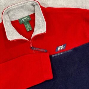 Vintage Lauren Ralph Lauren Womens Petite Fleece 1/4 Zip Pullover Red Navy Blue